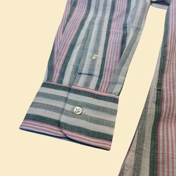 90s Ike Behar linen mens shirt, size S mens striped button down, white & blue - Picture 2 of 10